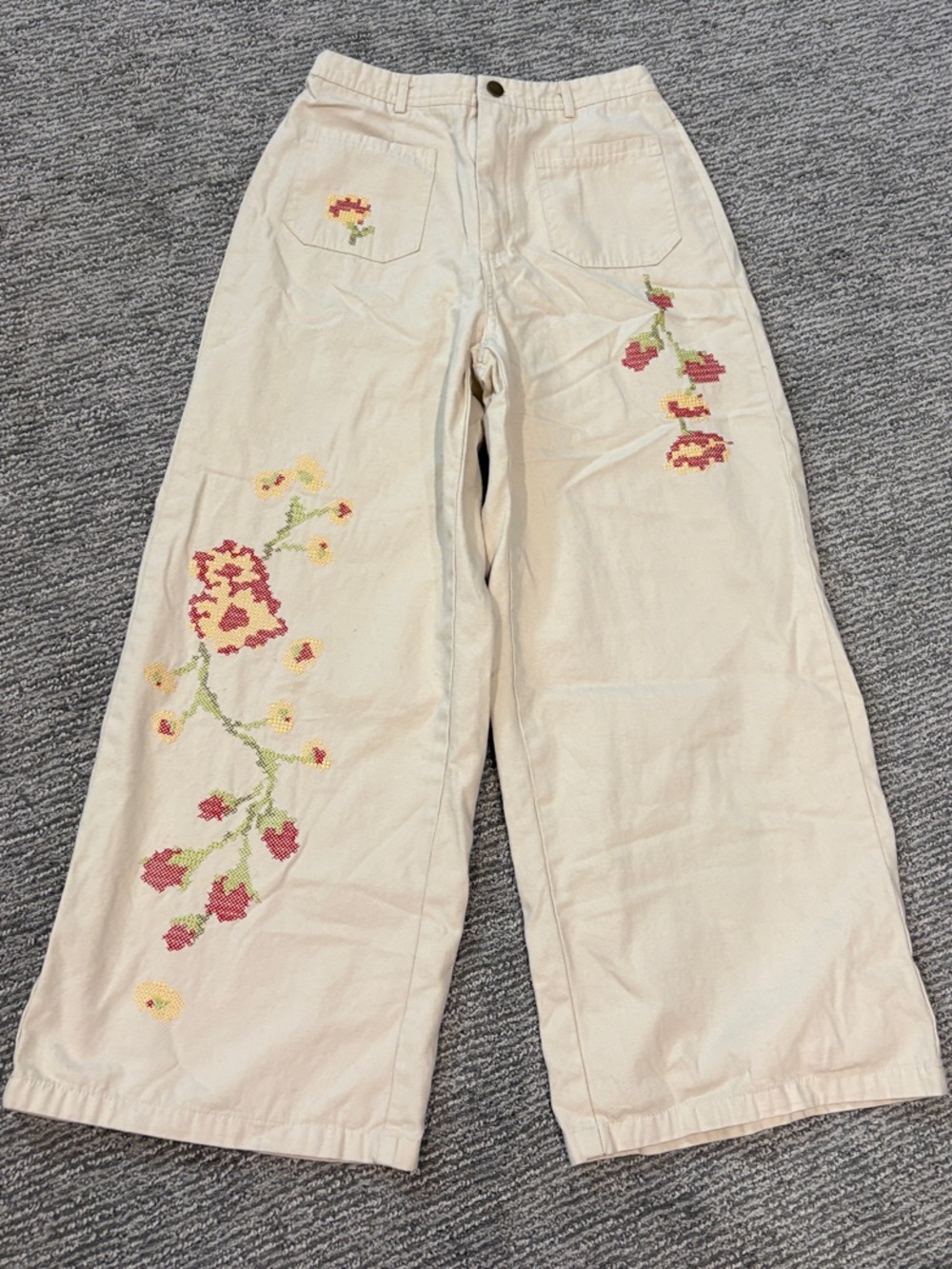 Cream Wide-Leg Embroidered Floral Pants